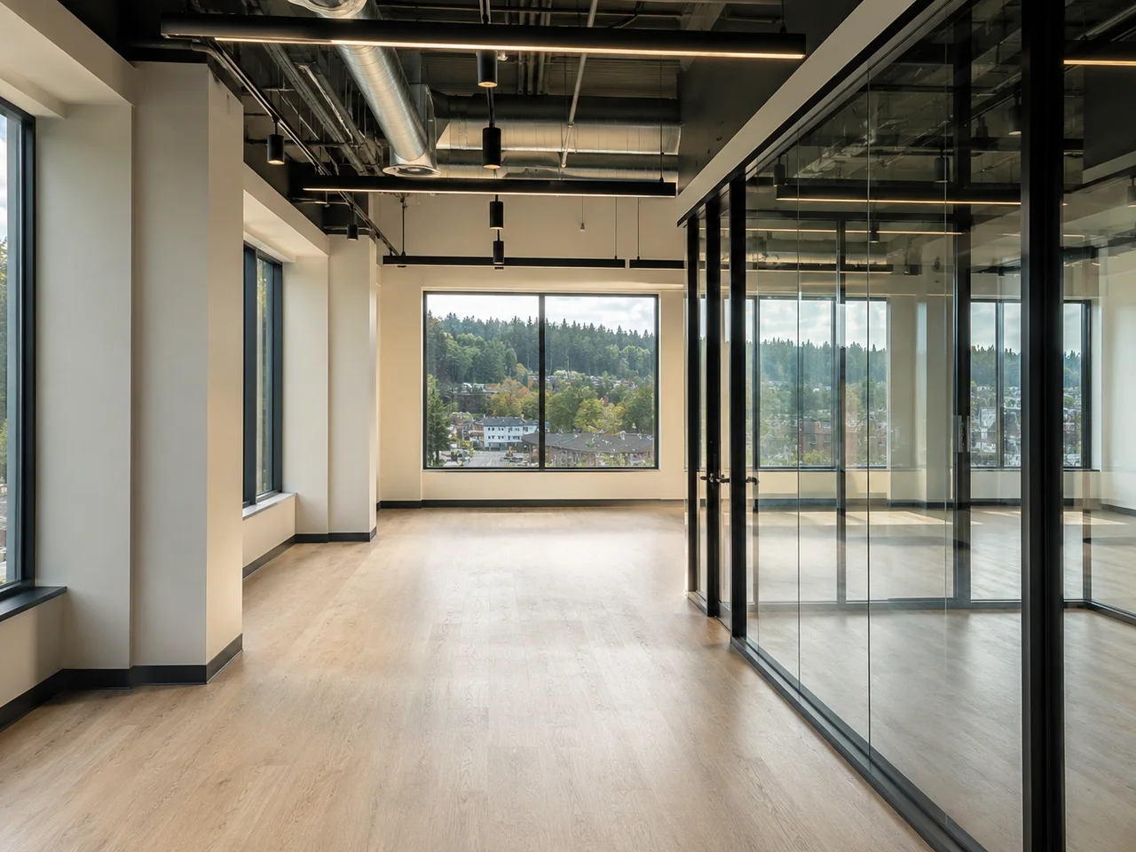 Finished commercial interior prepared for post-construction cleaning handoff