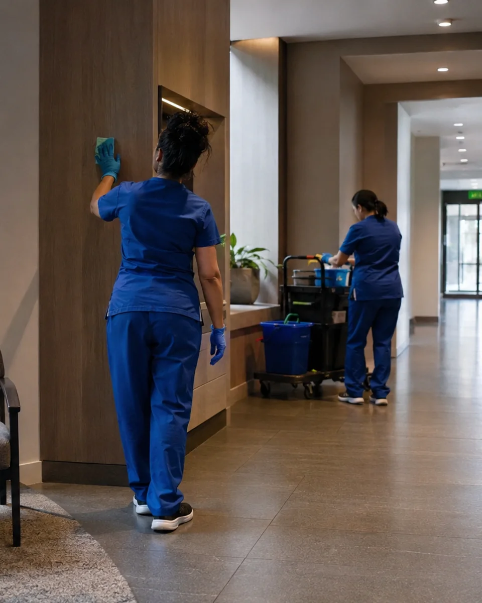 Cleaning team preparing for recurring service at a Bellevue apartment community