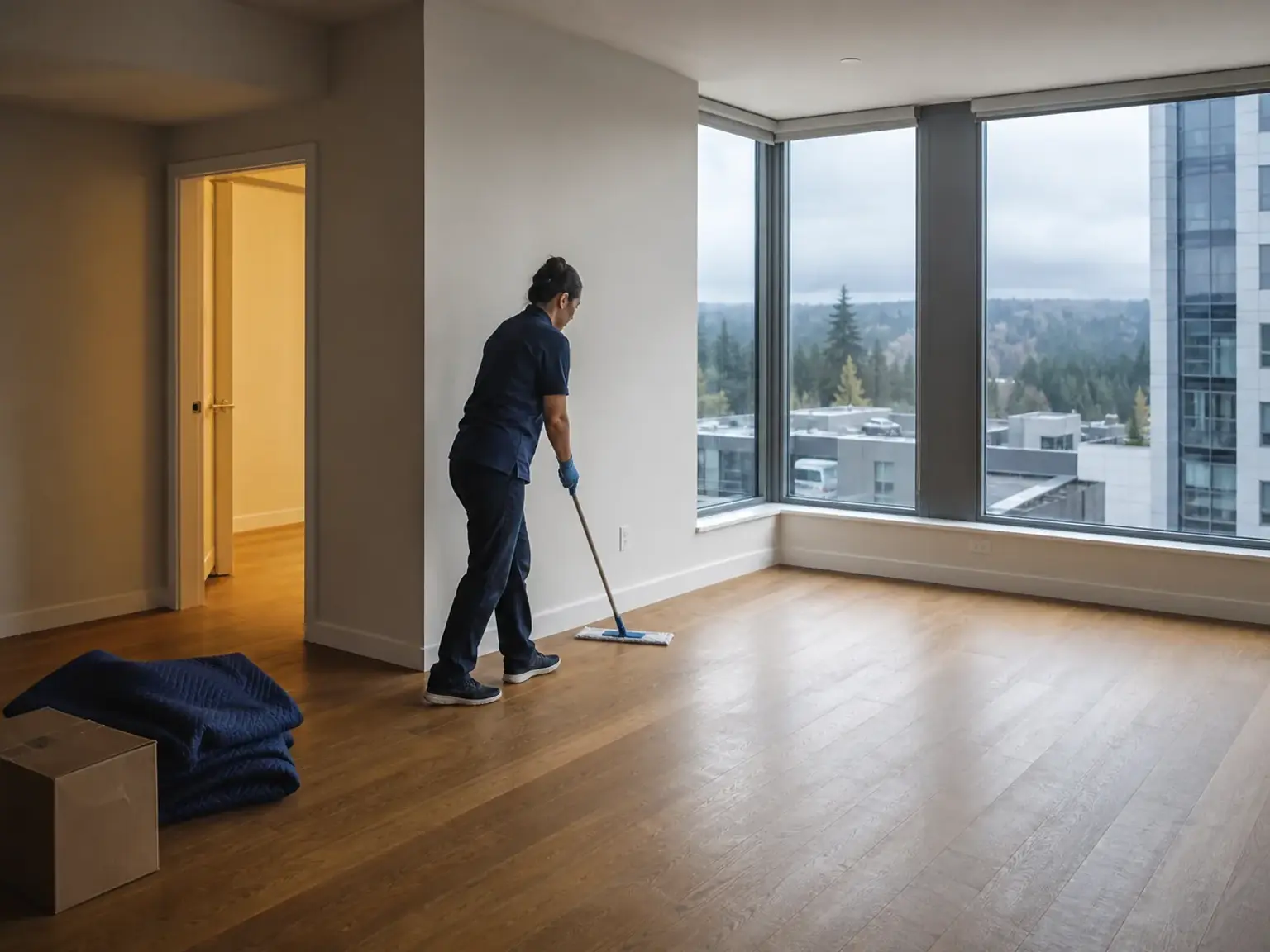Professional cleaner mopping an empty Bellevue apartment before move-in