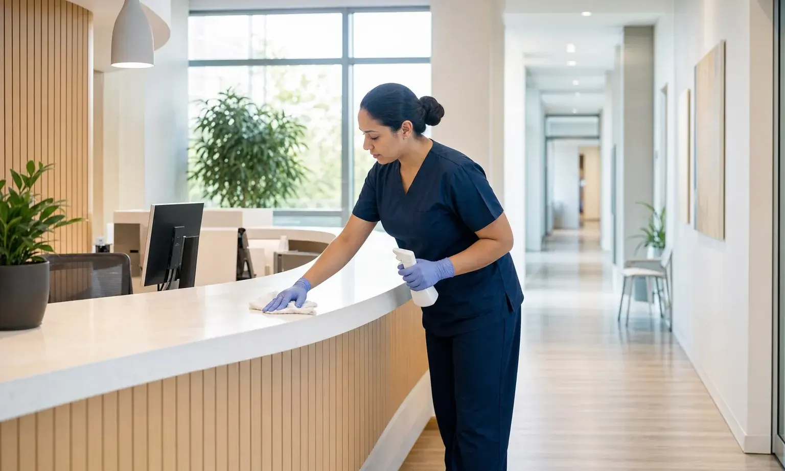 Professional cleaner wiping a clinic reception counter
