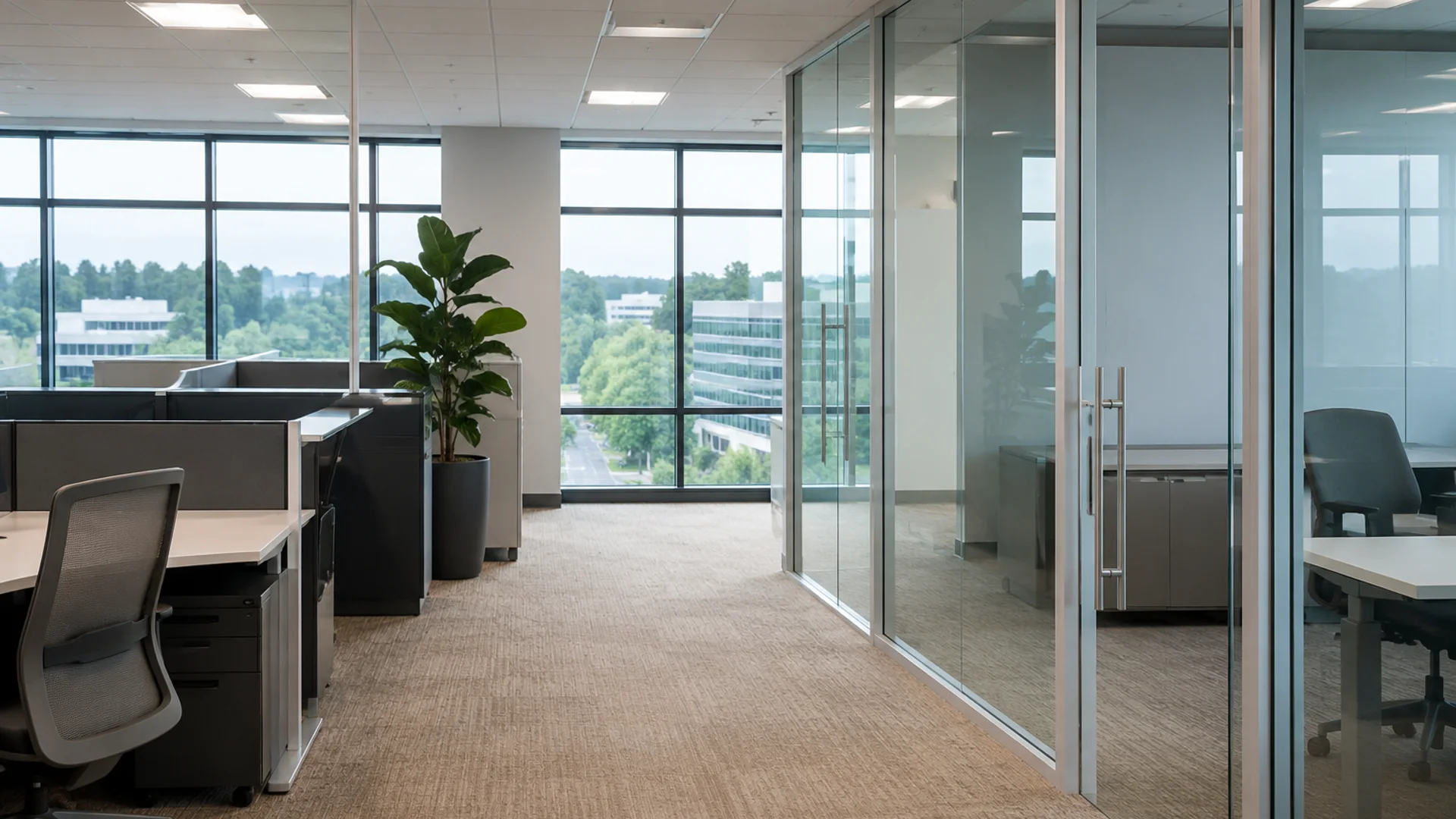 Professional cleaner working inside a bright modern office