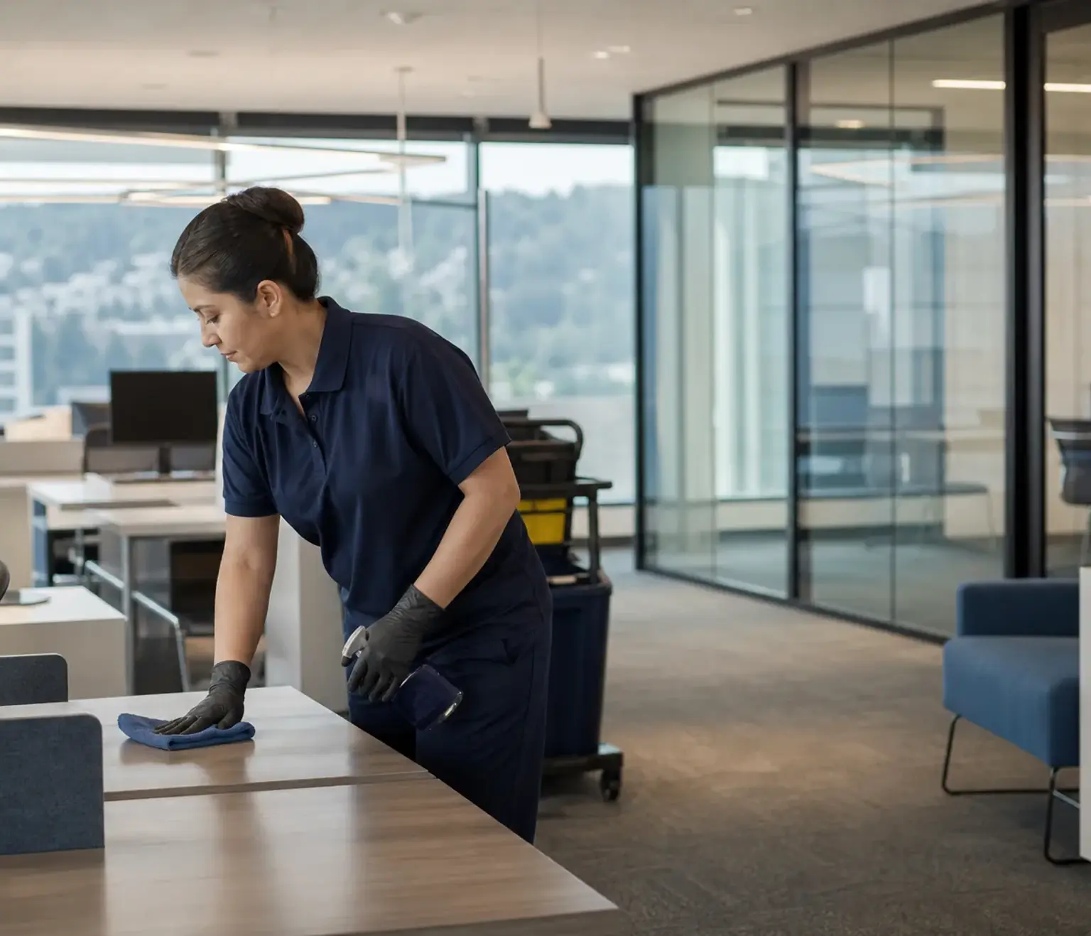 Professional cleaner wiping a desk in a modern Bellevue office