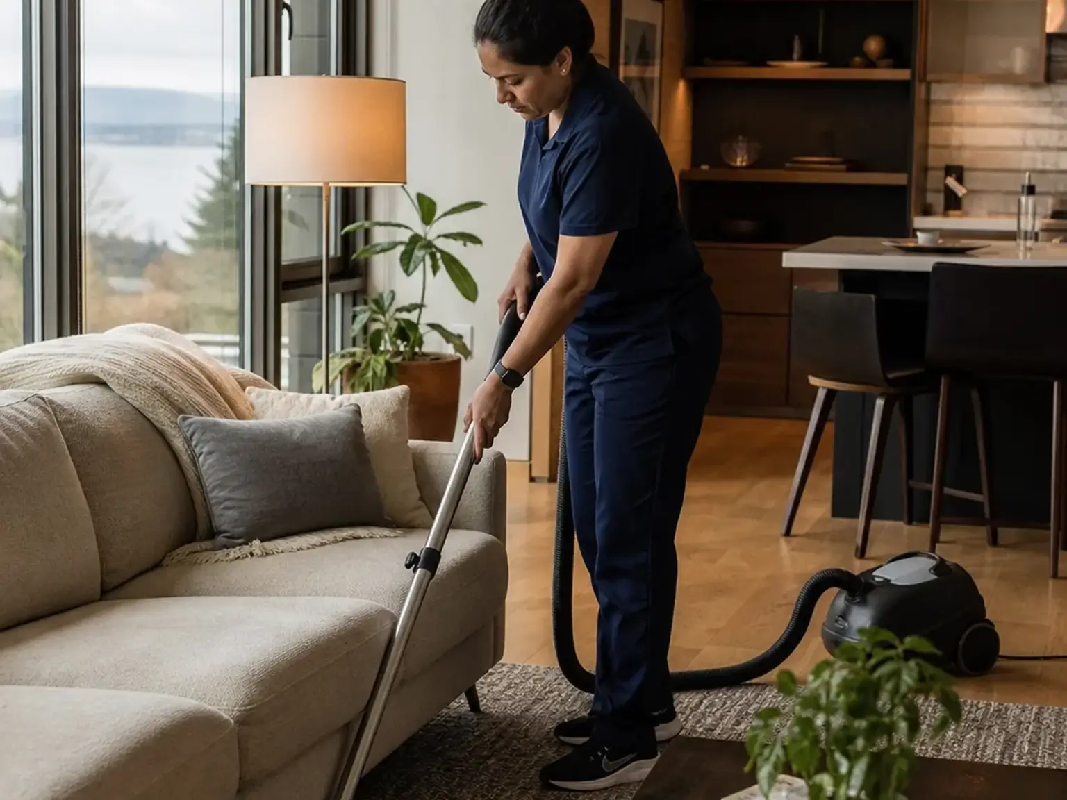 Professional cleaner vacuuming a contemporary Bellevue condo