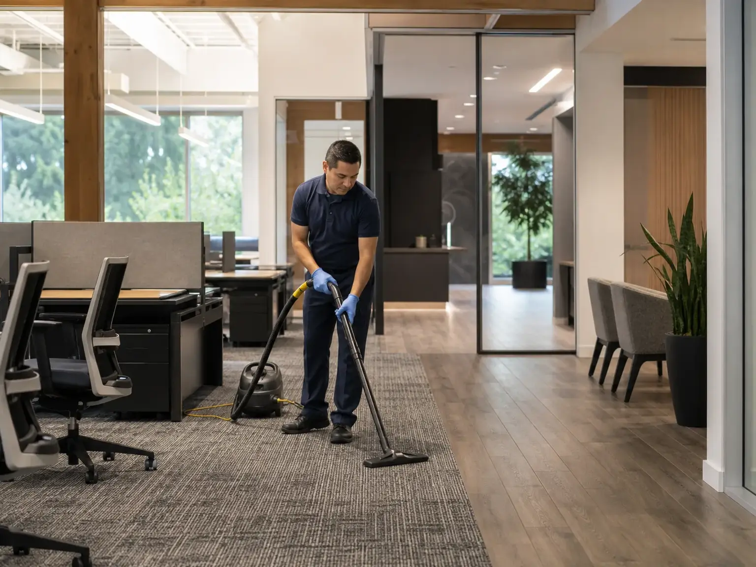 Professional cleaner vacuuming a modern Bellevue office