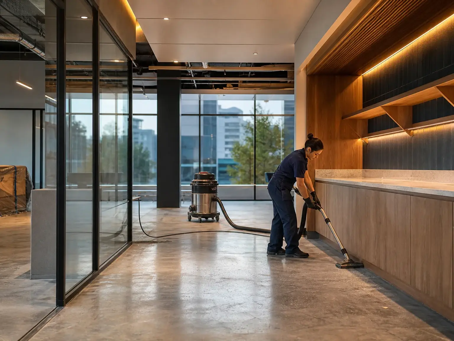 Professional cleaner vacuuming a finished commercial interior before handoff