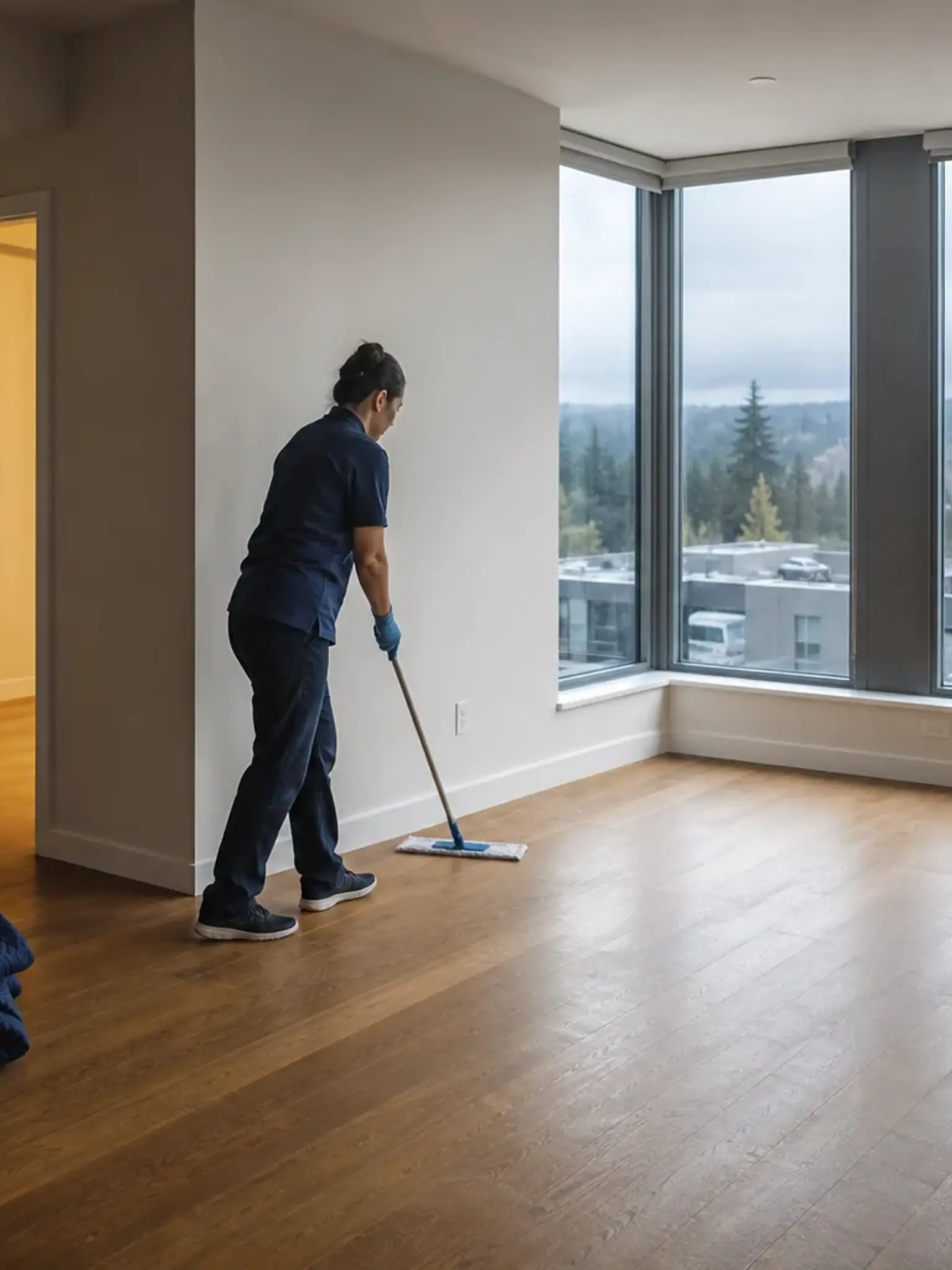 Professional cleaner mopping an empty Bellevue apartment before move-in