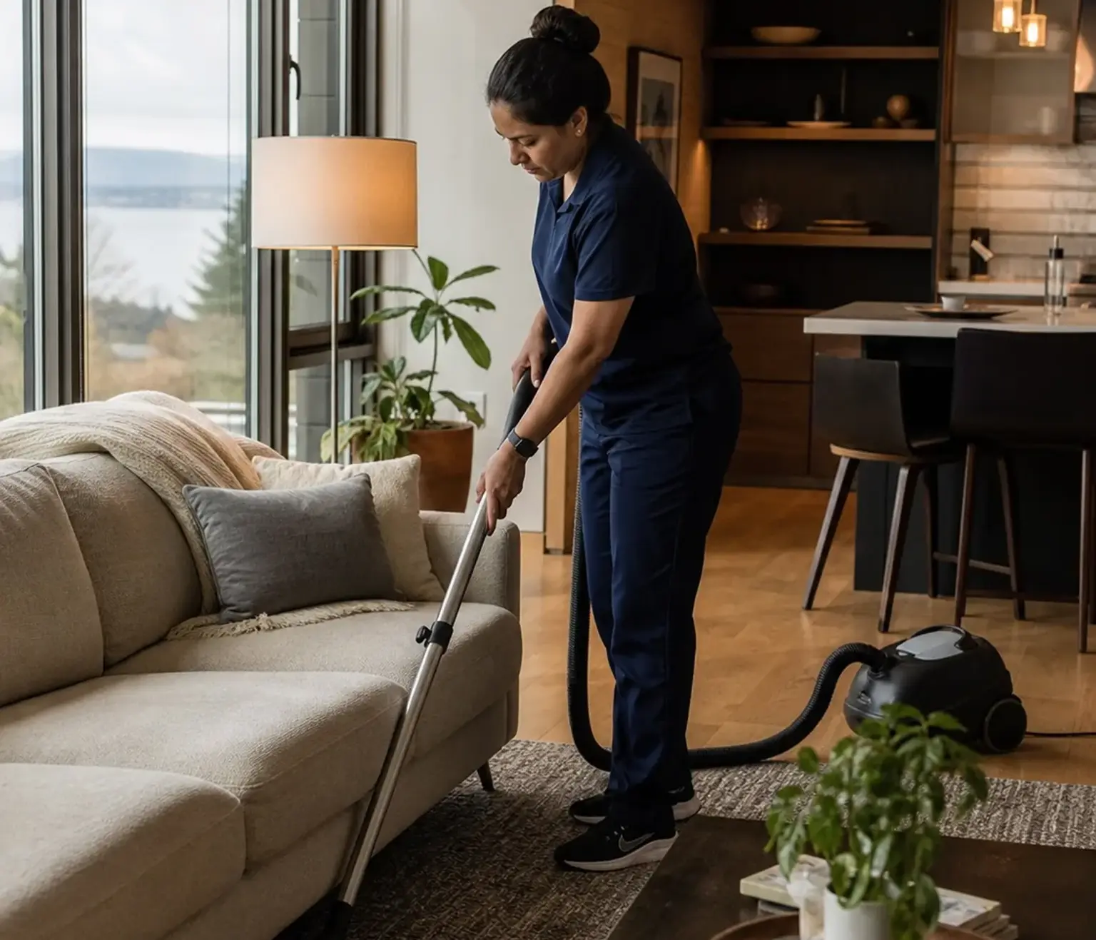 Professional cleaner vacuuming a contemporary Bellevue condo