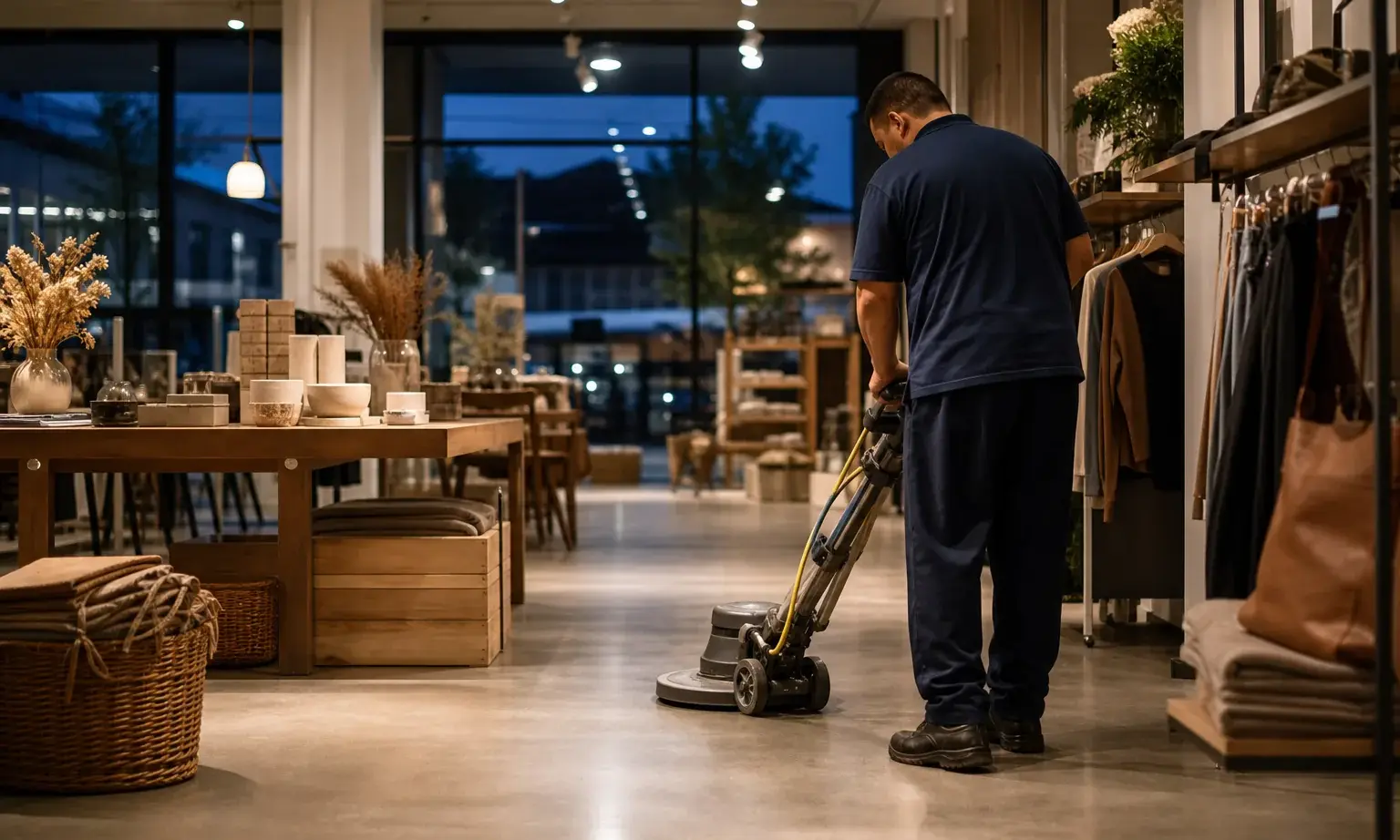 Professional cleaner operating a floor machine in a retail showroom