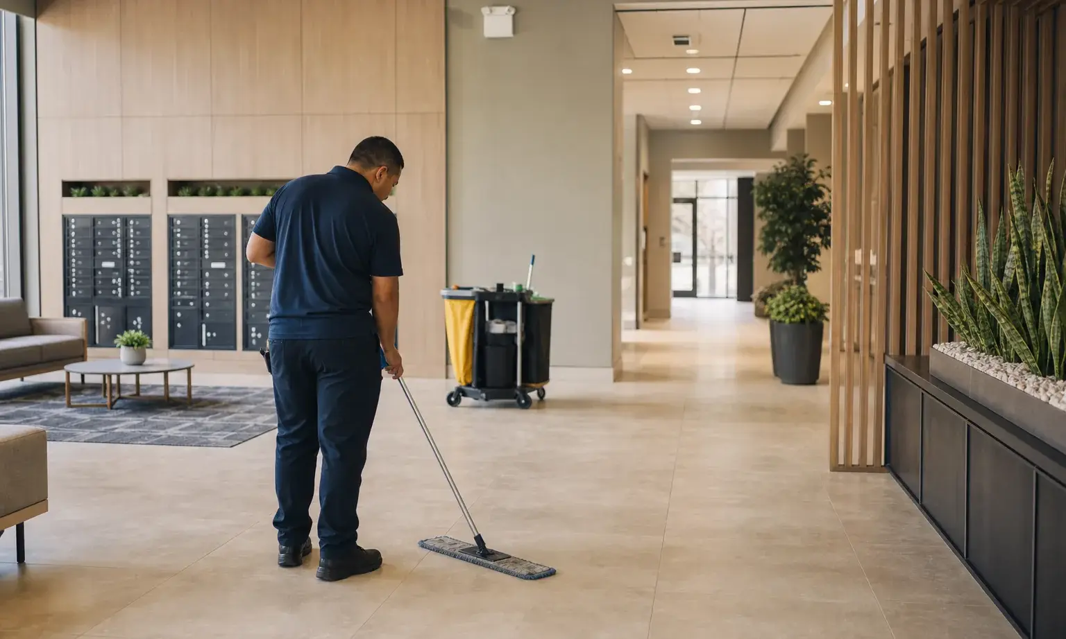 Professional cleaner mopping a multifamily apartment lobby