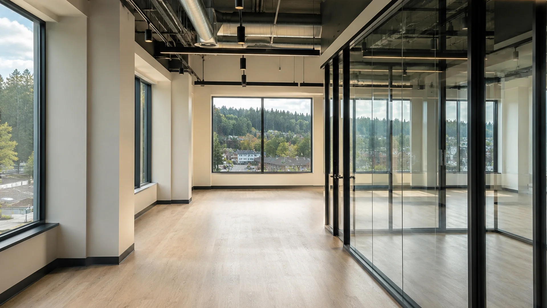 Finished commercial interior prepared for post-construction cleaning handoff