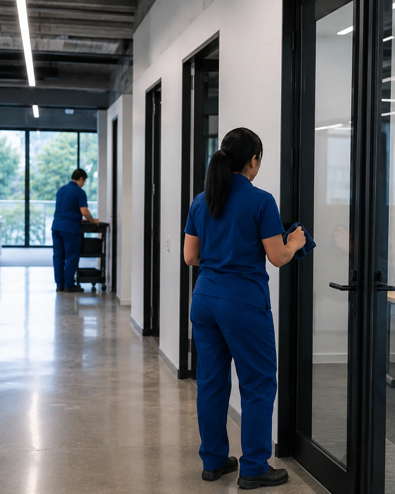 Uniformed cleaners preparing a finished commercial space for final walkthrough cleaning