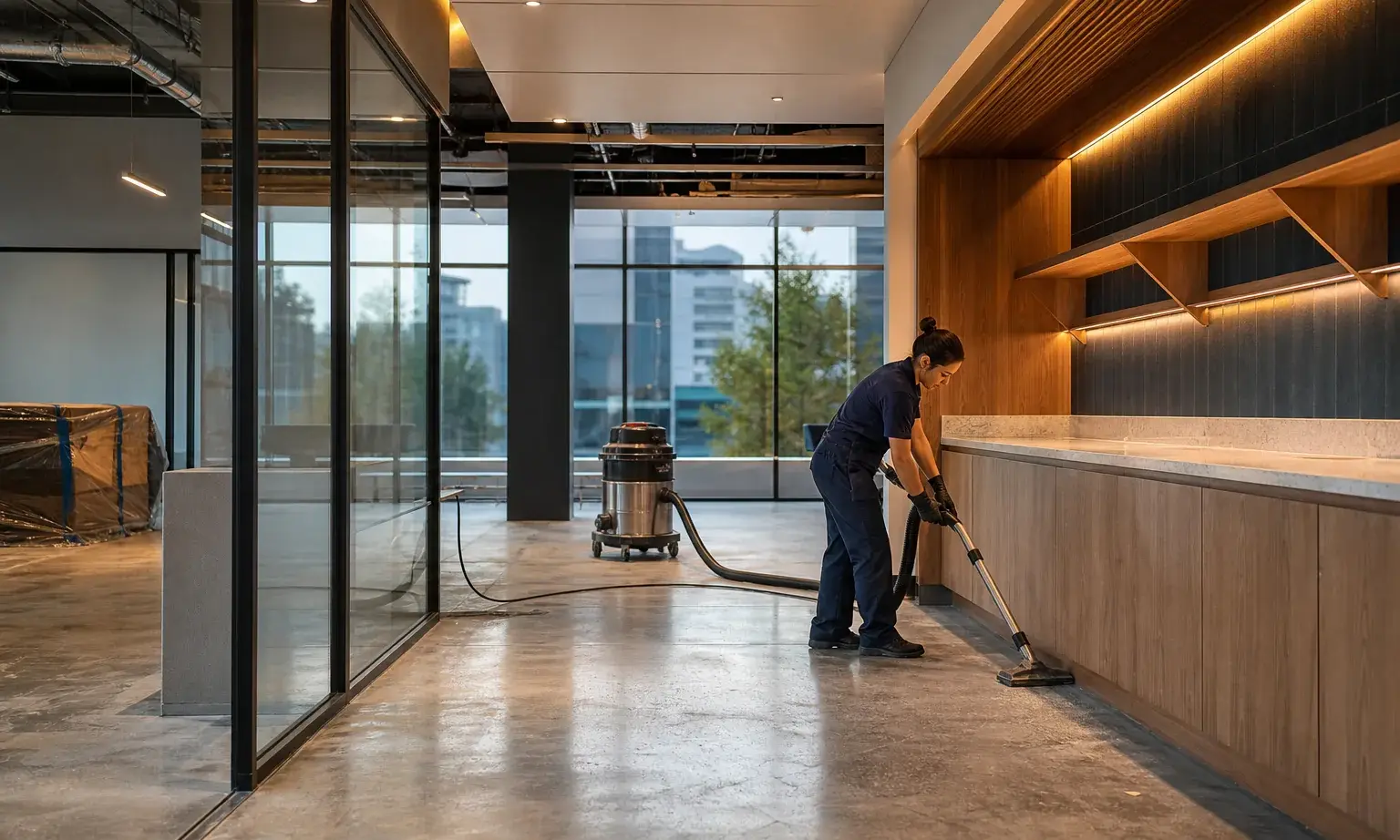 Professional cleaner vacuuming a completed commercial interior before handoff