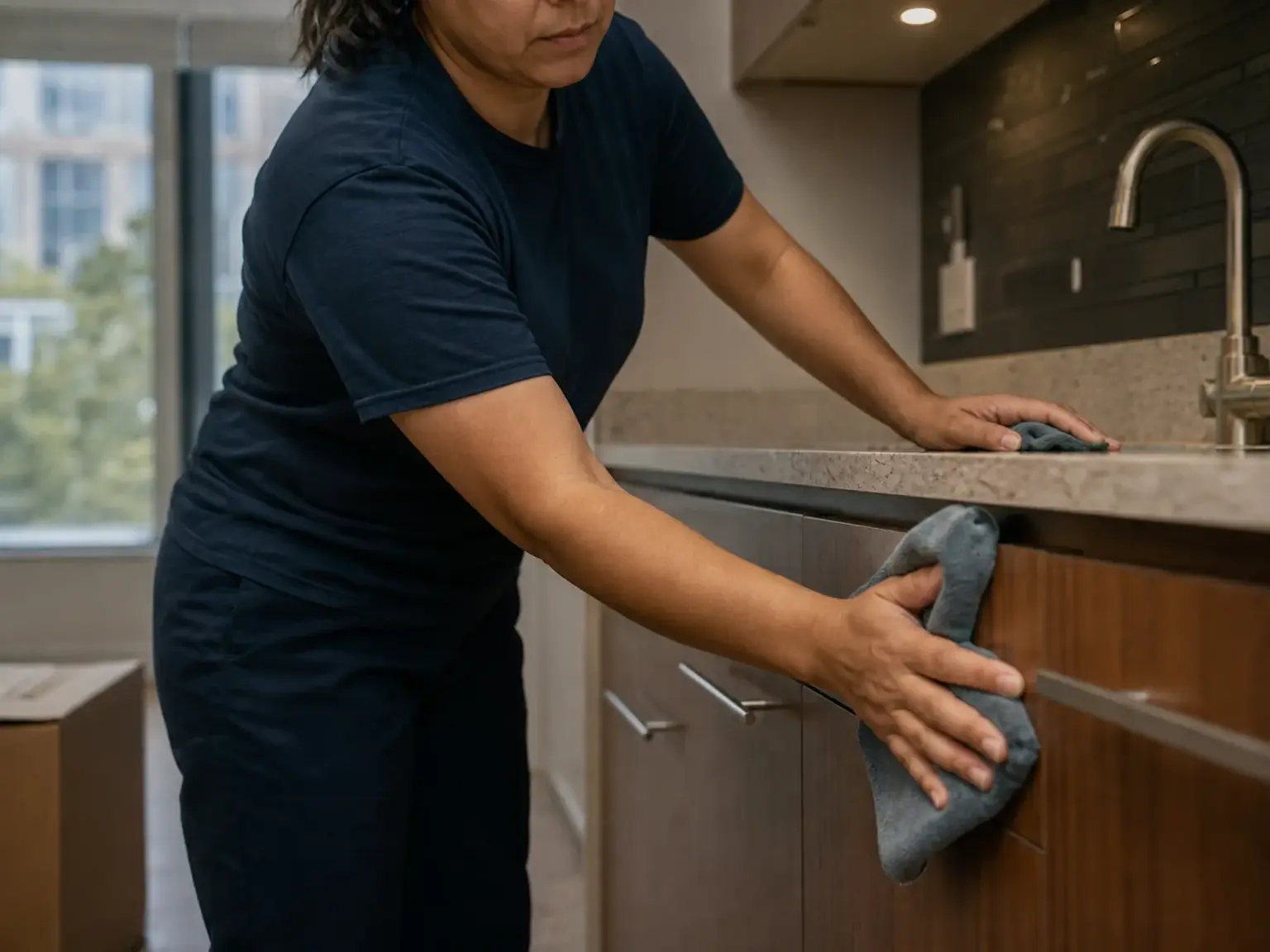Professional cleaner detailing kitchen cabinets during residential deep cleaning
