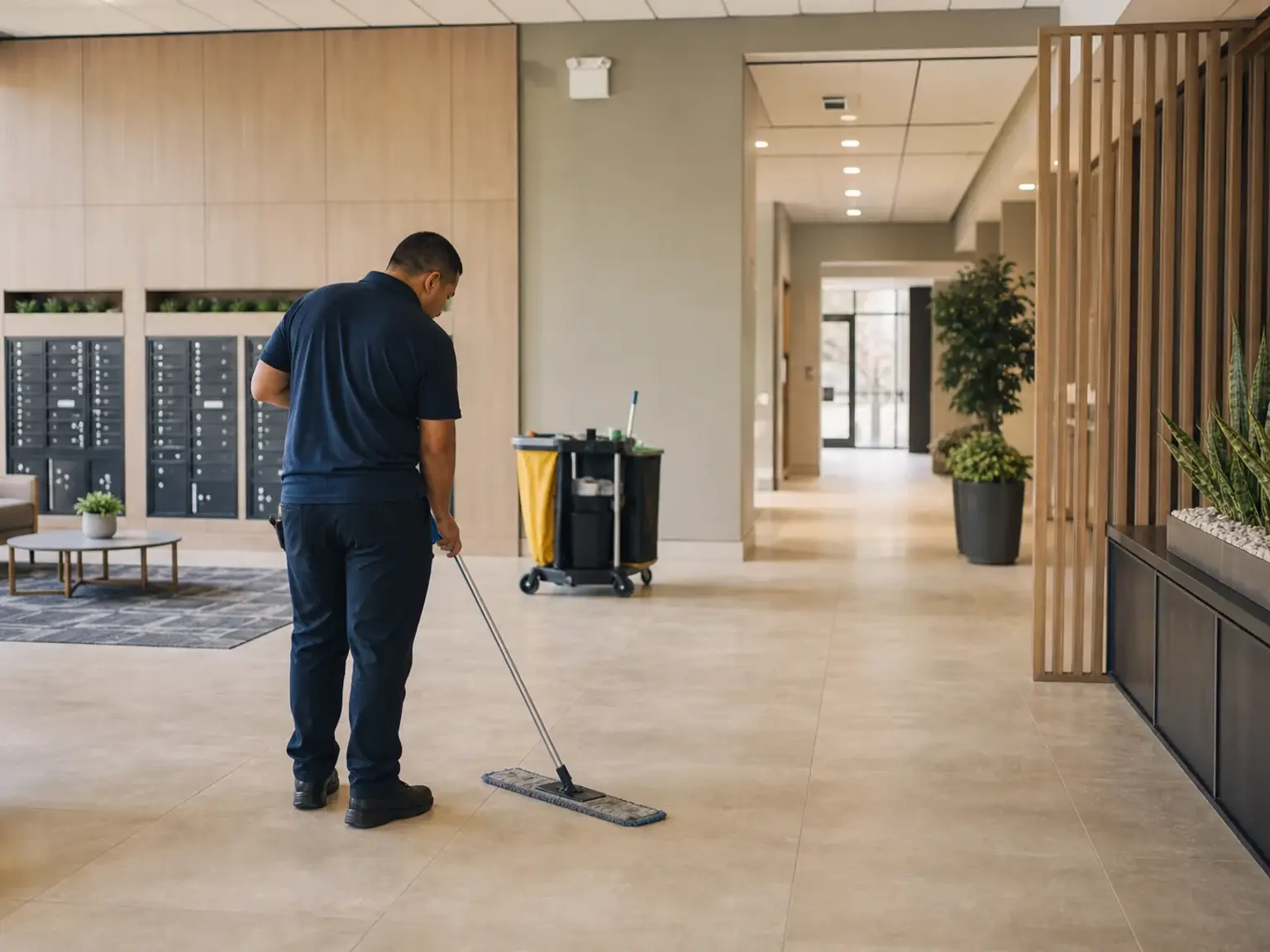Professional cleaner mopping a multifamily apartment lobby