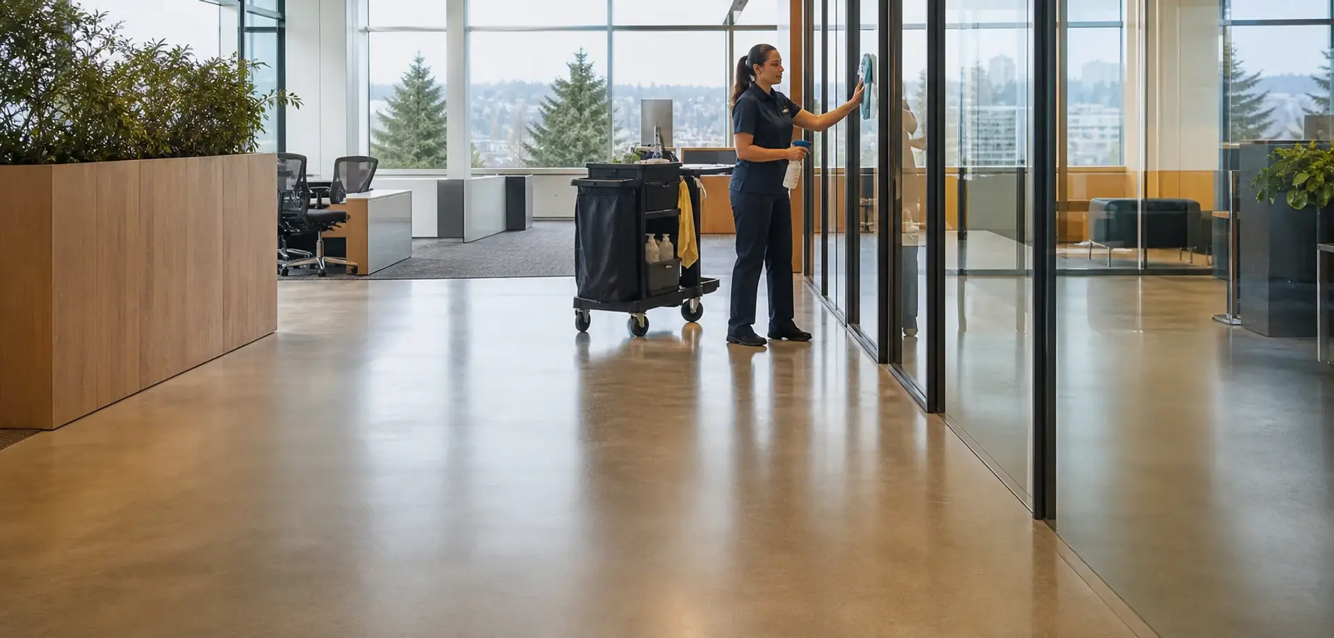 Professional cleaner working inside a bright modern Bellevue office